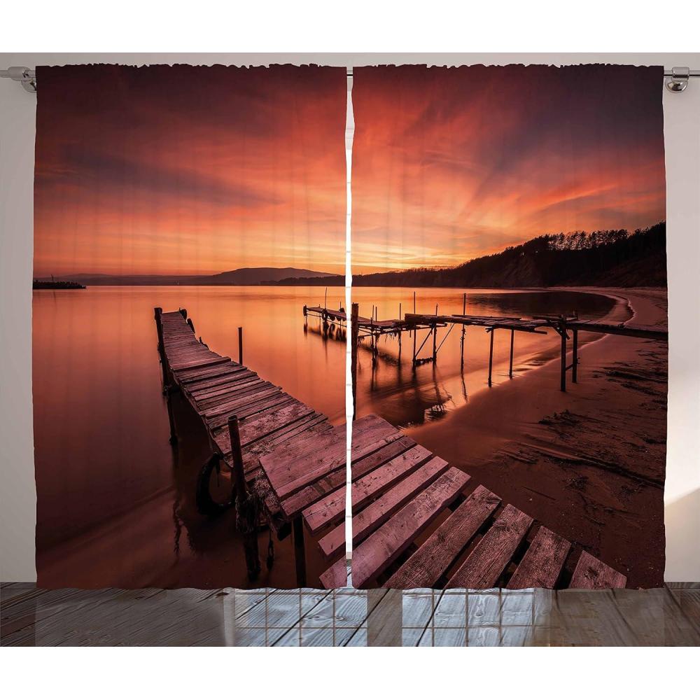 imageAmbesonne Christmas Curtains Wooden Rustic Log Cottage Scenery in The Winter Season Warm Moonlight Living Room Bedroom Window Drapes 2 Panel Set 108 X 84 White NavyOrange