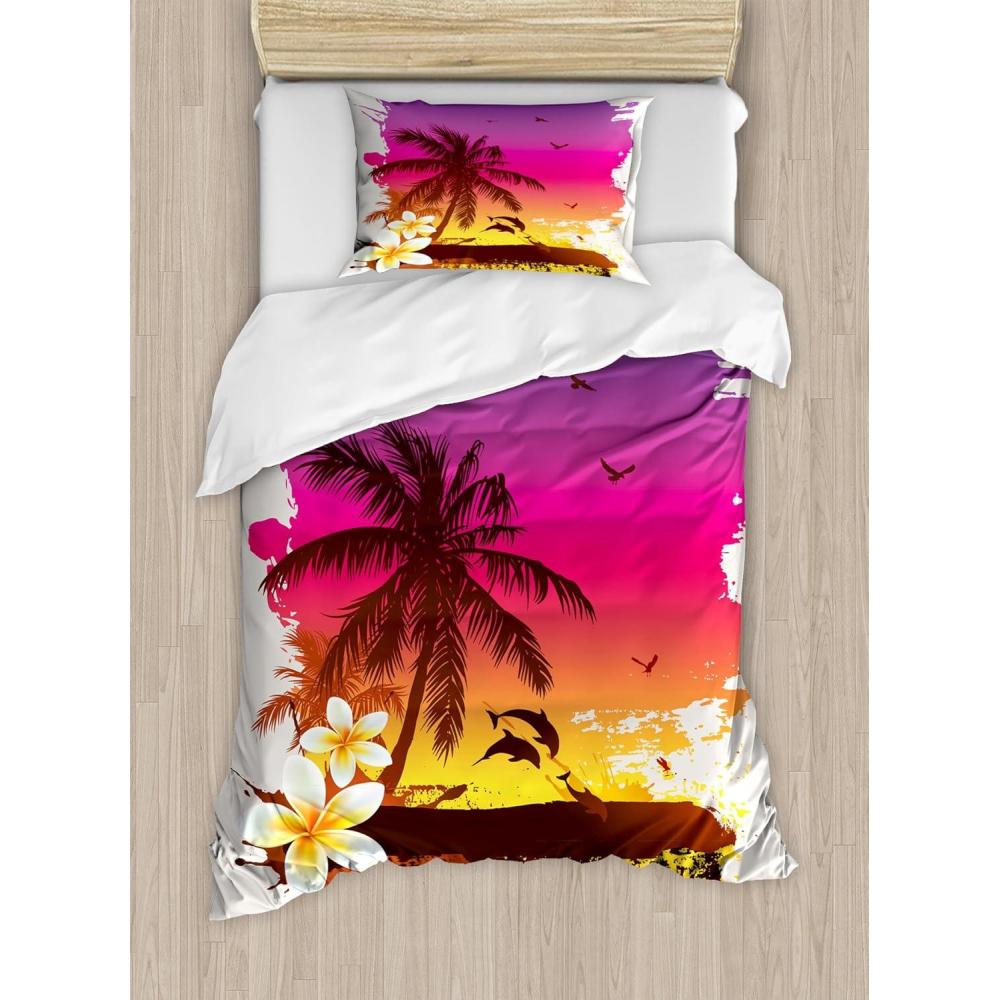 imageAmbesonne Christmas Duvet Cover Set Floral Winter Red Bird Hat and Scarf on Blooming Tree Nature Inspired Decorative 3 Piece Bedding Set with 2 Pillow Shams Queen Size Burgundy GreenYellow Magenta