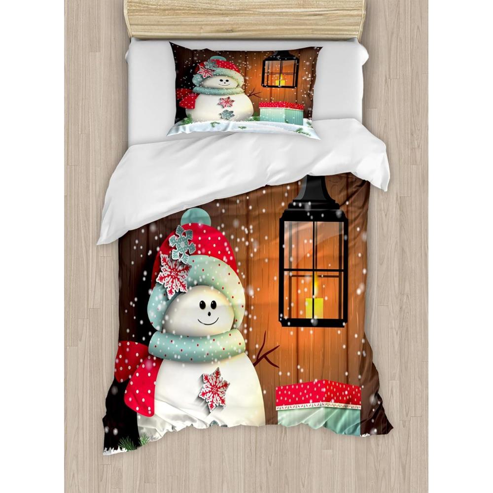 imageAmbesonne Christmas Duvet Cover Set Floral Winter Red Bird Hat and Scarf on Blooming Tree Nature Inspired Decorative 3 Piece Bedding Set with 2 Pillow Shams Queen Size Burgundy GreenWhite Brown