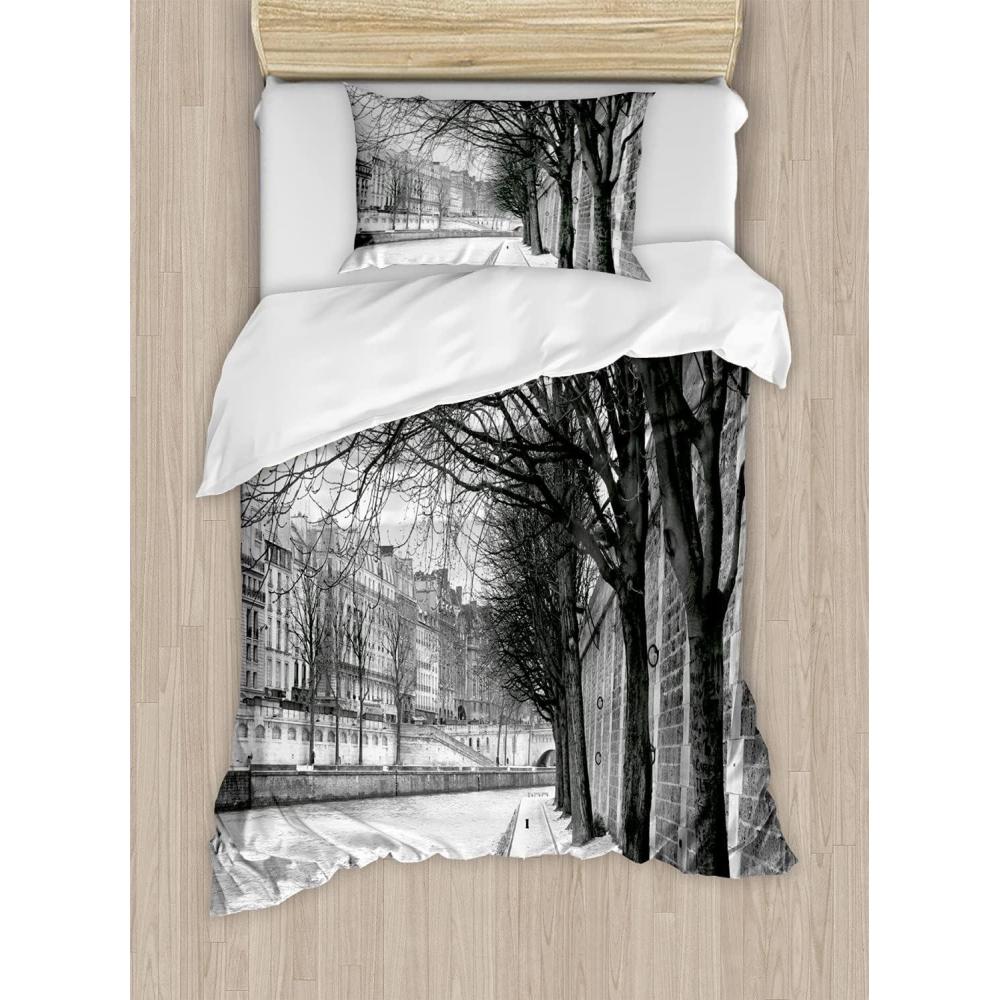 imageAmbesonne Christmas Duvet Cover Set Floral Winter Red Bird Hat and Scarf on Blooming Tree Nature Inspired Decorative 3 Piece Bedding Set with 2 Pillow Shams Queen Size Burgundy GreenDimgray