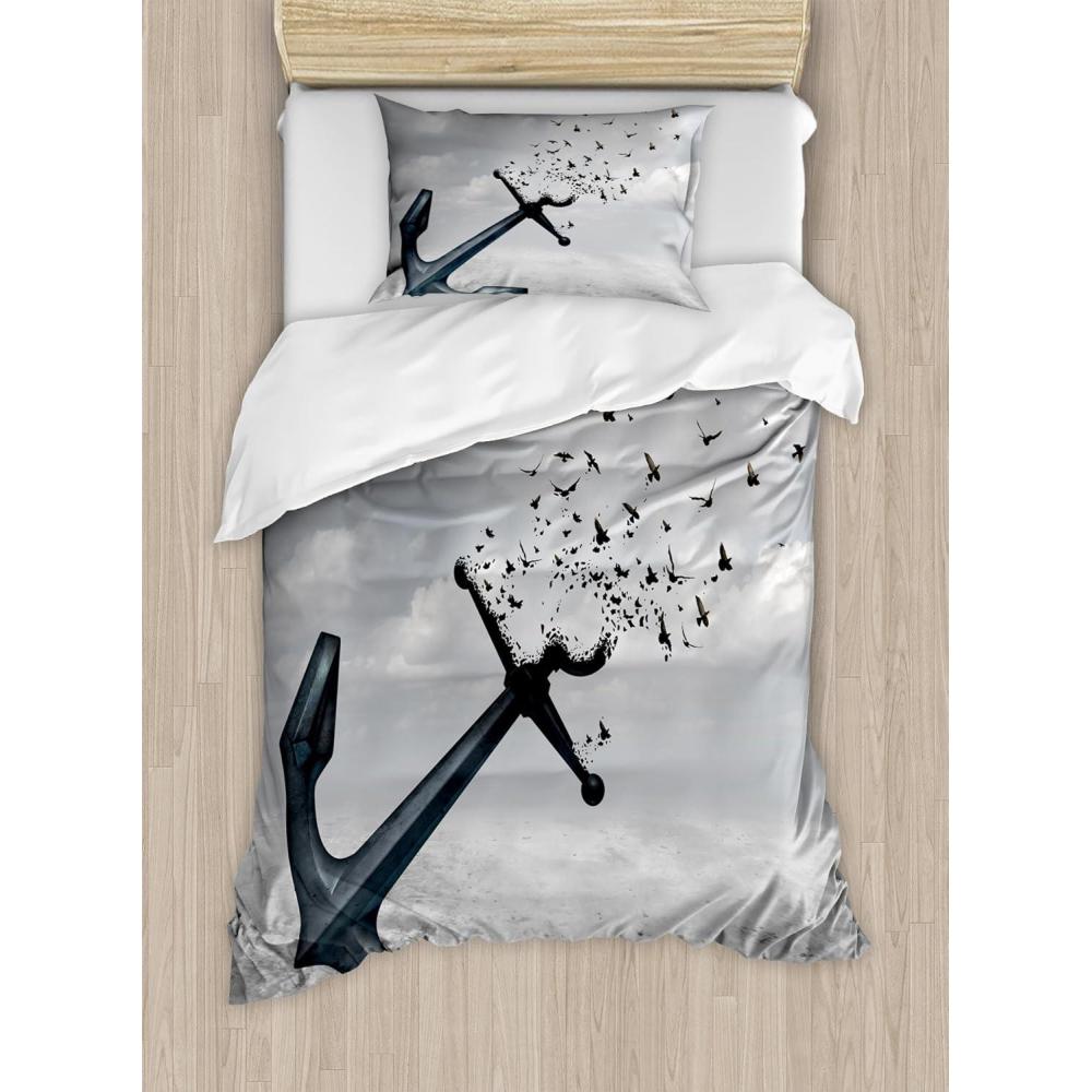 imageAmbesonne Christmas Duvet Cover Set Floral Winter Red Bird Hat and Scarf on Blooming Tree Nature Inspired Decorative 3 Piece Bedding Set with 2 Pillow Shams Queen Size Burgundy GreenPale Grey