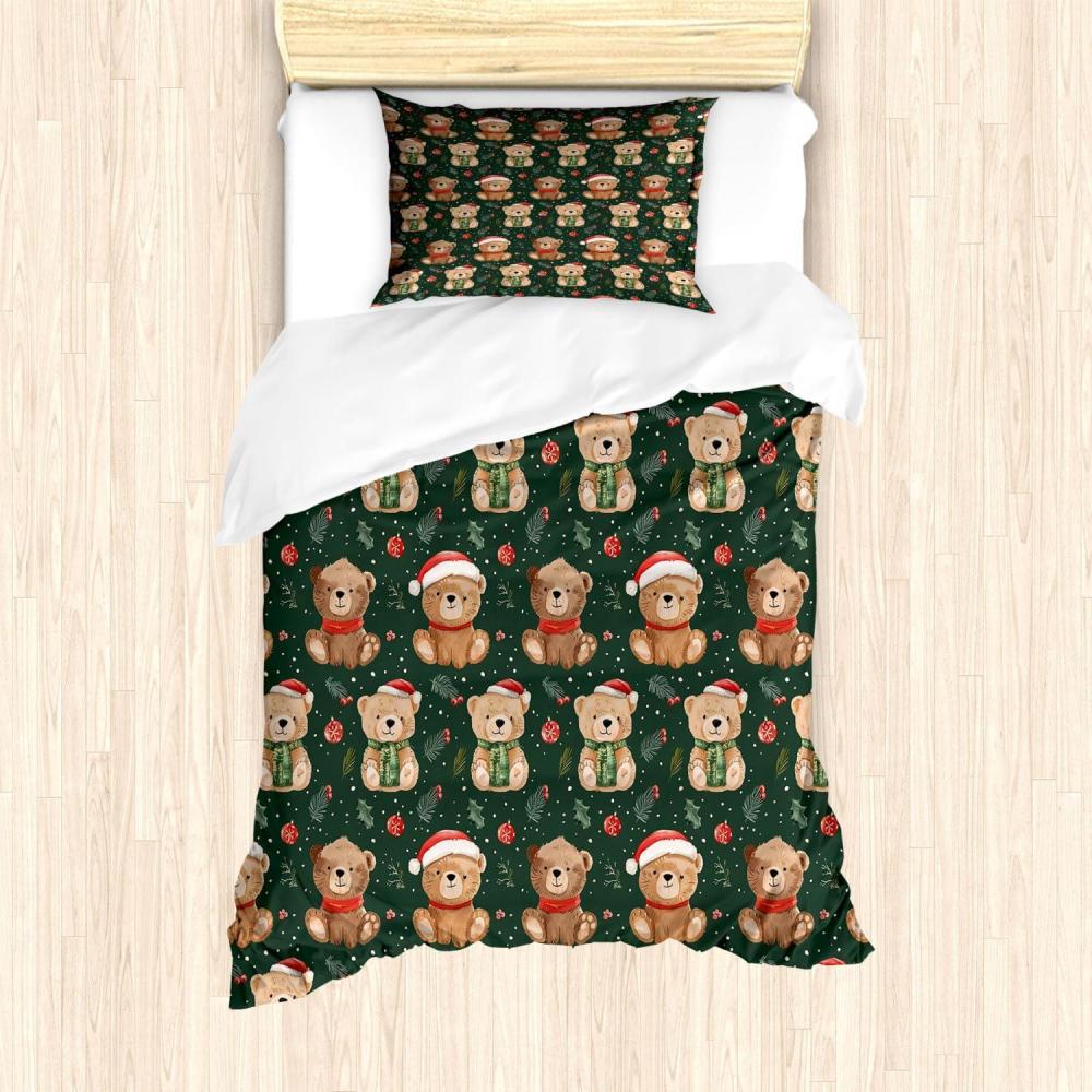 imageAmbesonne Christmas Duvet Cover Set Floral Winter Red Bird Hat and Scarf on Blooming Tree Nature Inspired Decorative 3 Piece Bedding Set with 2 Pillow Shams Queen Size Burgundy GreenGreen Dimgray Vermilion