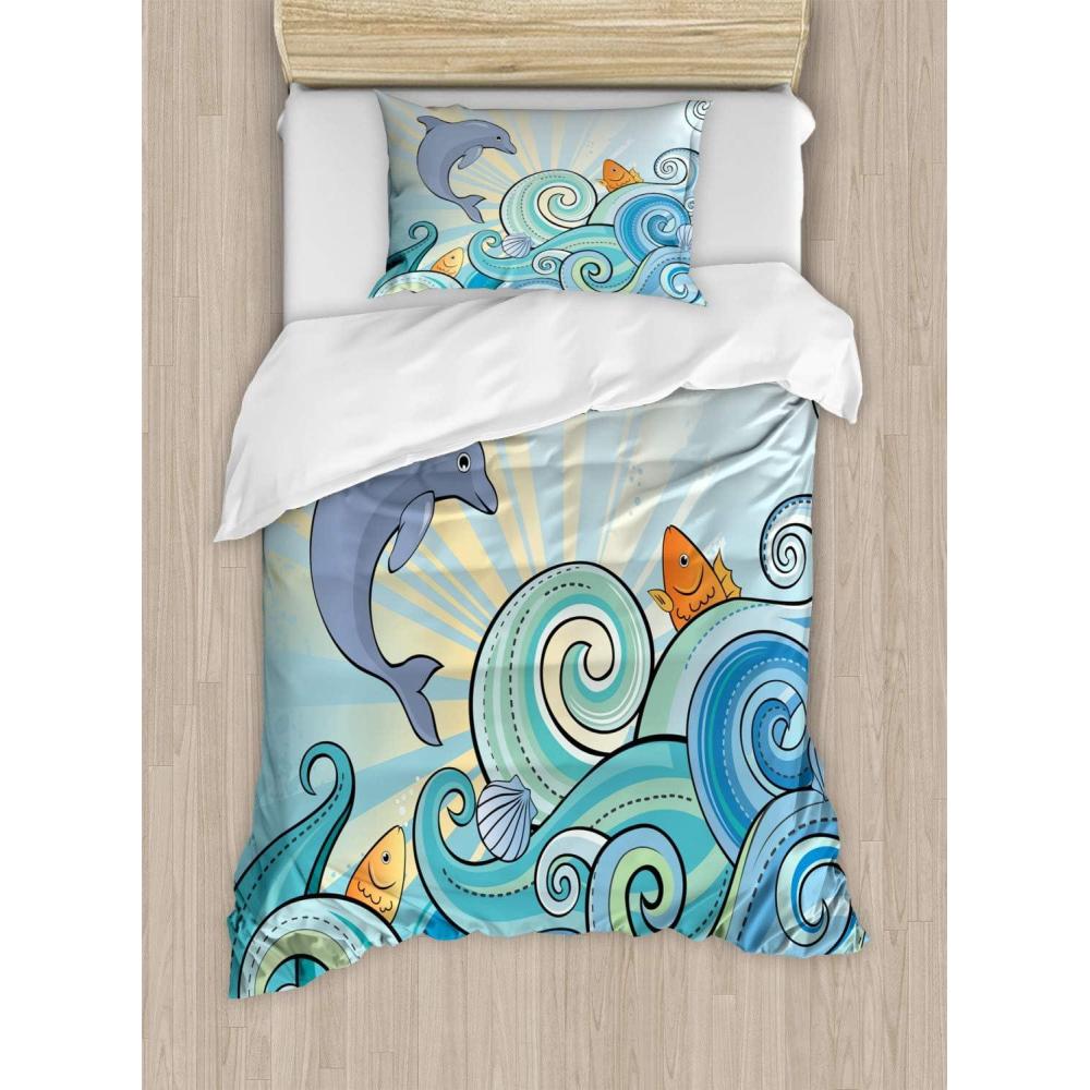 imageAmbesonne Christmas Duvet Cover Set Floral Winter Red Bird Hat and Scarf on Blooming Tree Nature Inspired Decorative 3 Piece Bedding Set with 2 Pillow Shams Queen Size Burgundy GreenPastel Blue