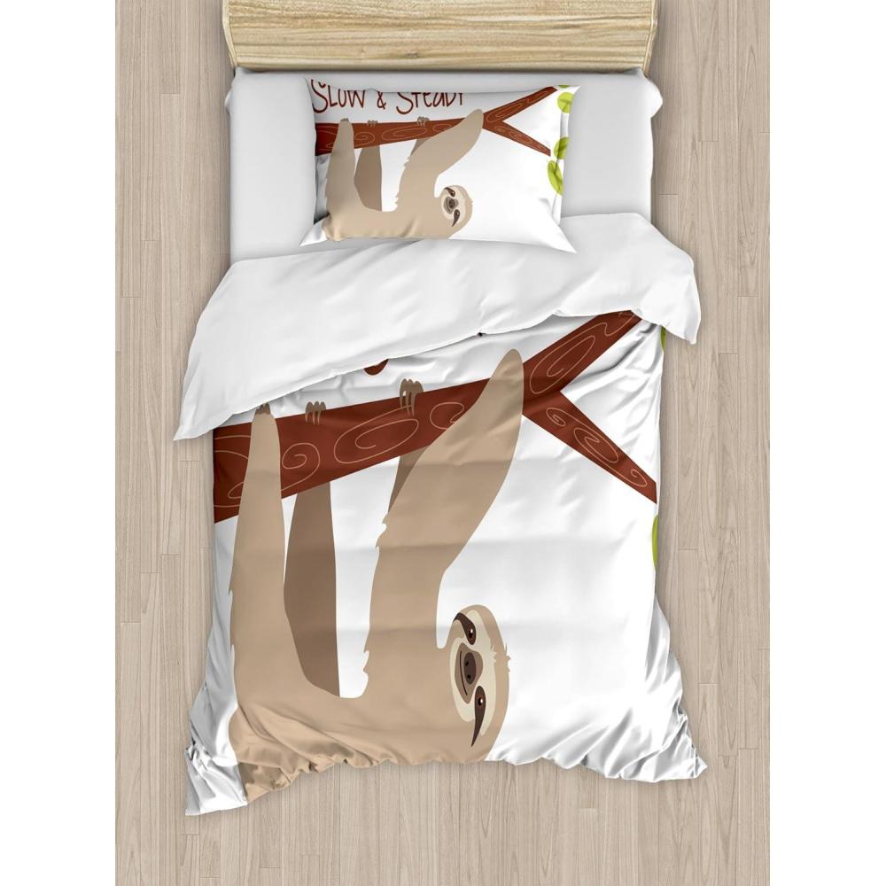 imageAmbesonne Christmas Duvet Cover Set Floral Winter Red Bird Hat and Scarf on Blooming Tree Nature Inspired Decorative 3 Piece Bedding Set with 2 Pillow Shams Queen Size Burgundy GreenTan Chestnut Brown