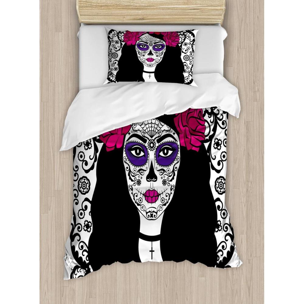 imageAmbesonne Christmas Duvet Cover Set Floral Winter Red Bird Hat and Scarf on Blooming Tree Nature Inspired Decorative 3 Piece Bedding Set with 2 Pillow Shams Queen Size Burgundy GreenWhite Black Pink