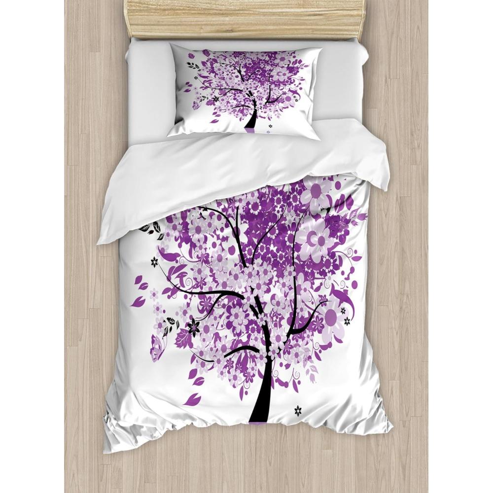 imageAmbesonne Christmas Duvet Cover Set Floral Winter Red Bird Hat and Scarf on Blooming Tree Nature Inspired Decorative 3 Piece Bedding Set with 2 Pillow Shams Queen Size Burgundy GreenPurple Lilac