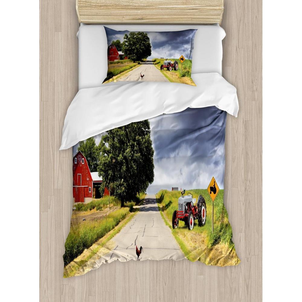 imageAmbesonne Christmas Duvet Cover Set Floral Winter Red Bird Hat and Scarf on Blooming Tree Nature Inspired Decorative 3 Piece Bedding Set with 2 Pillow Shams Queen Size Burgundy GreenGreen Grey