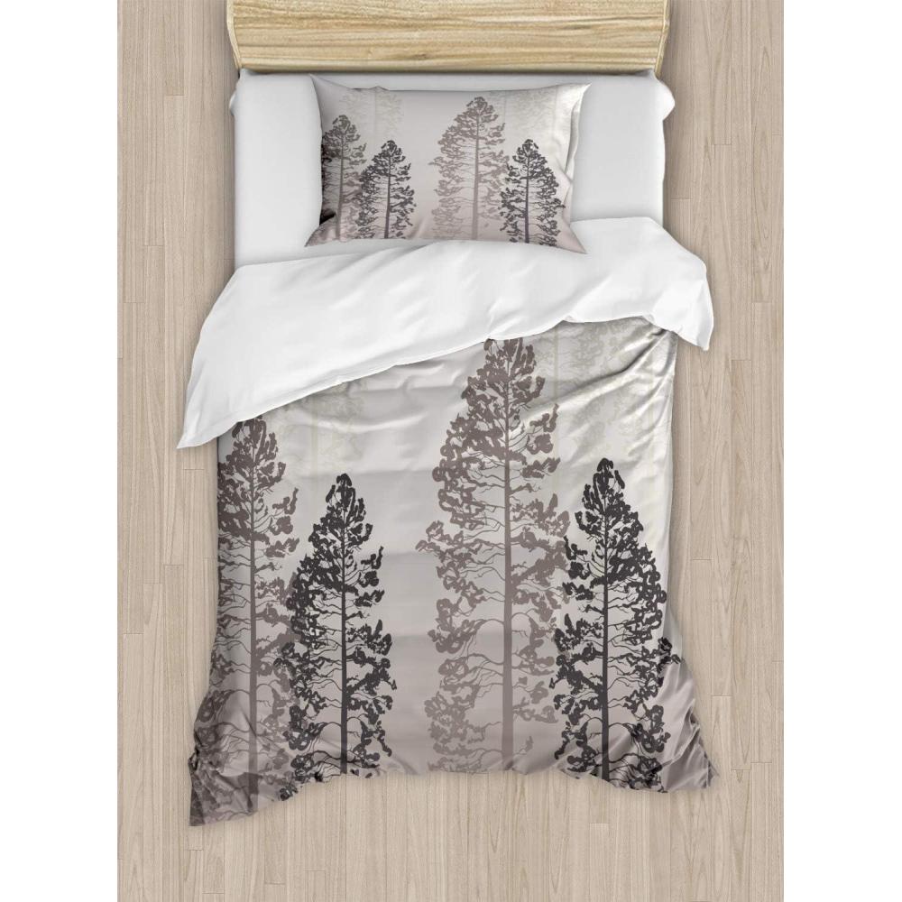 imageAmbesonne Christmas Duvet Cover Set Floral Winter Red Bird Hat and Scarf on Blooming Tree Nature Inspired Decorative 3 Piece Bedding Set with 2 Pillow Shams Queen Size Burgundy GreenWarm Taupe