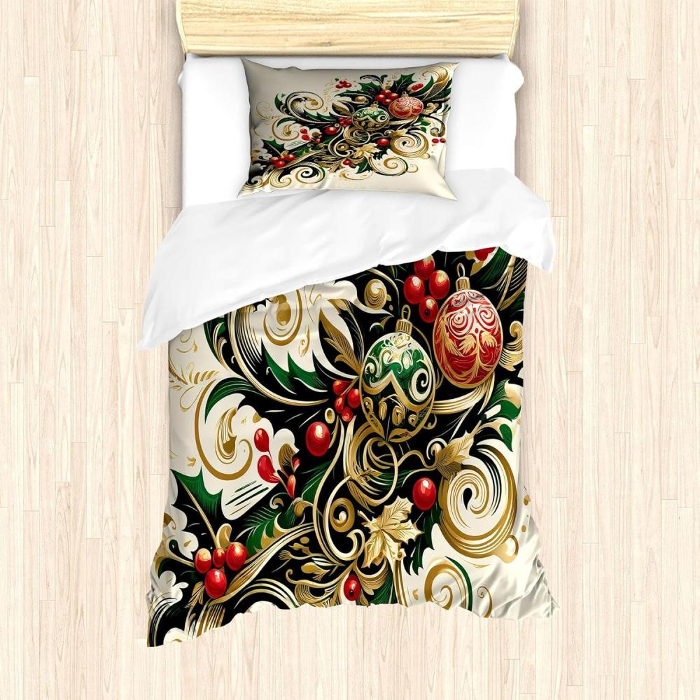 imageAmbesonne Christmas Duvet Cover Set Floral Winter Red Bird Hat and Scarf on Blooming Tree Nature Inspired Decorative 3 Piece Bedding Set with 2 Pillow Shams Queen Size Burgundy GreenBeige Green and Vermilion