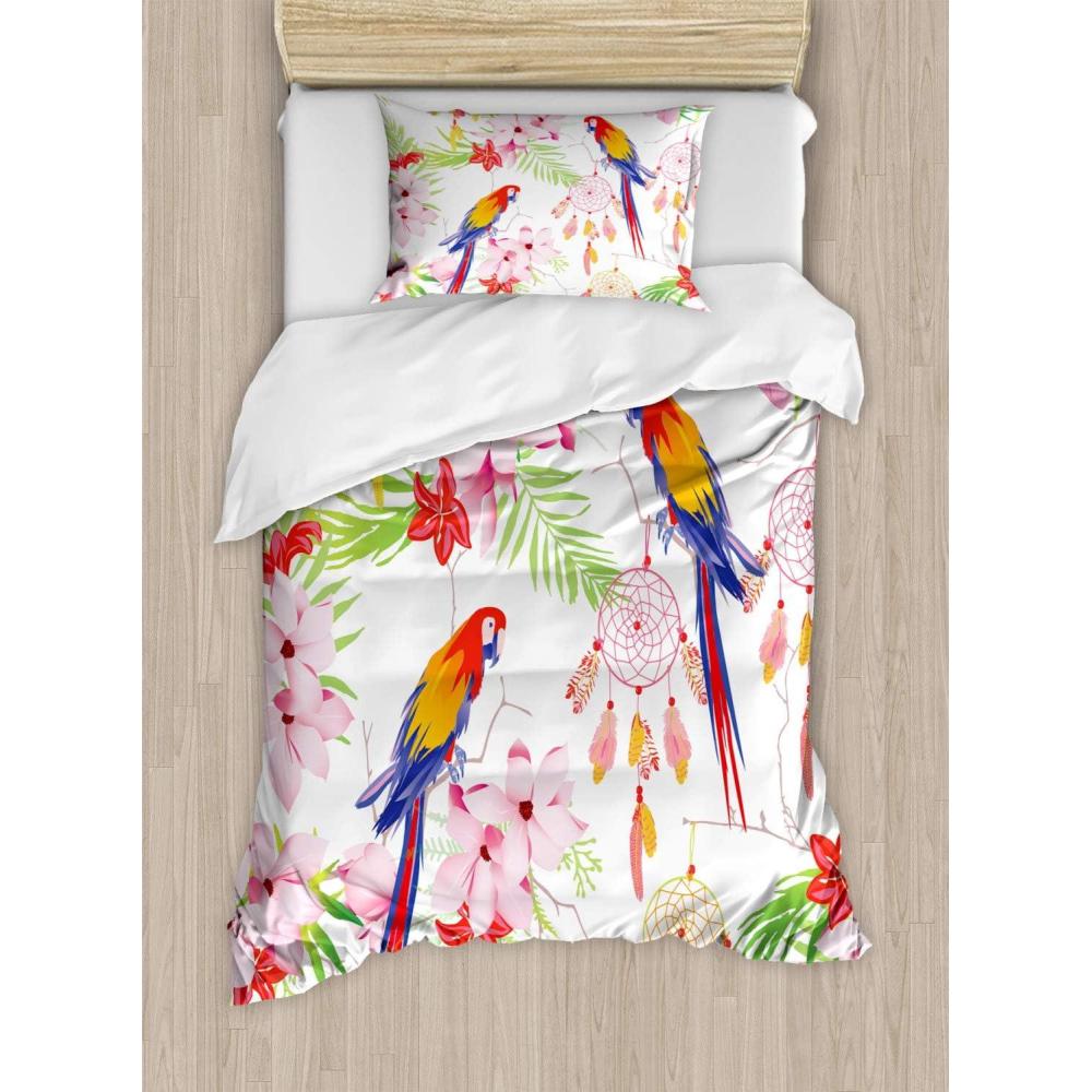 imageAmbesonne Christmas Duvet Cover Set Floral Winter Red Bird Hat and Scarf on Blooming Tree Nature Inspired Decorative 3 Piece Bedding Set with 2 Pillow Shams Queen Size Burgundy GreenGreen Pink
