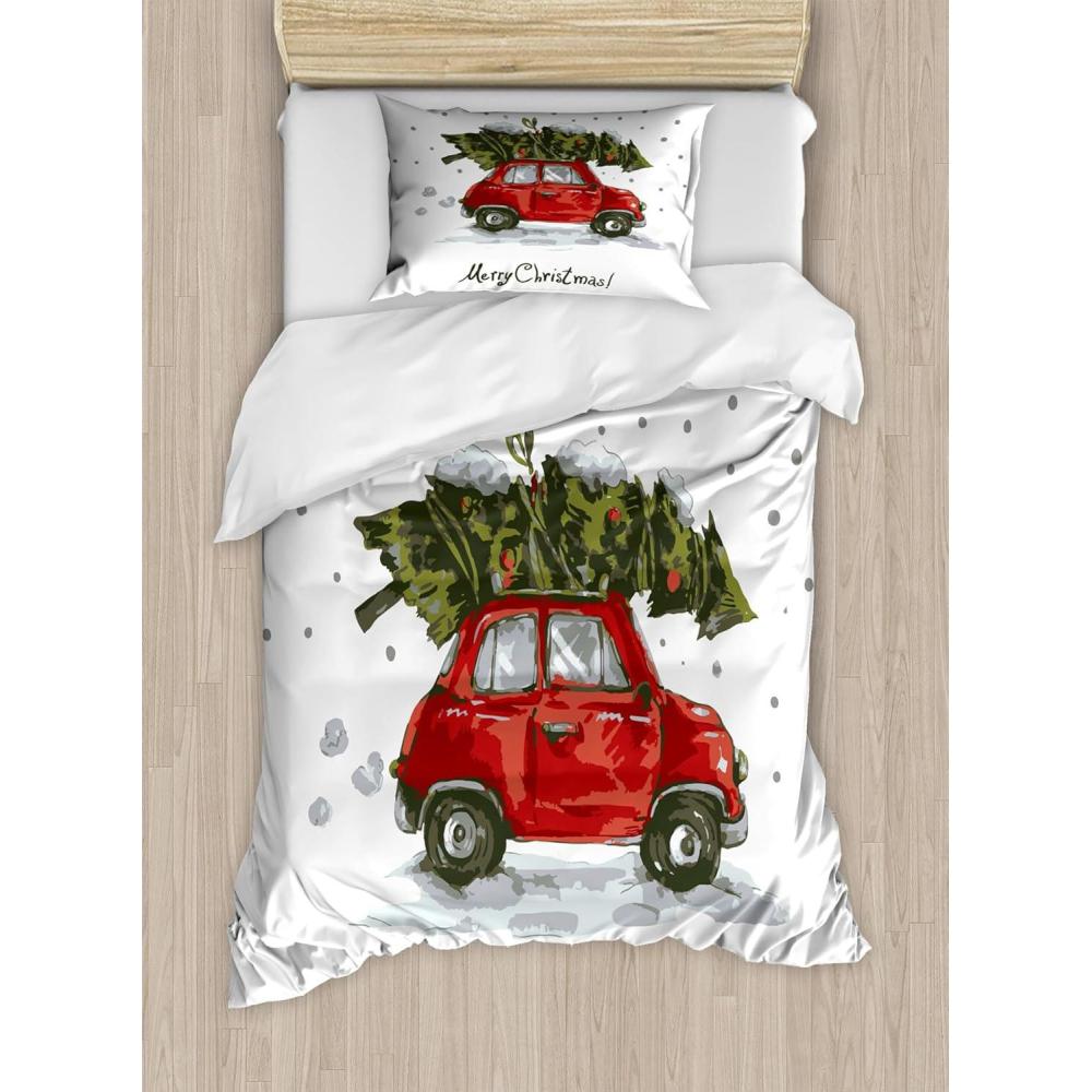 imageAmbesonne Christmas Duvet Cover Set Watercolor Christmas Theme Fir Trees Abstract Silhouettes Illustration Decorative 3 Piece Bedding Set with 2 Pillow Shams Queen Size Green SeafoamGreen Vermilion
