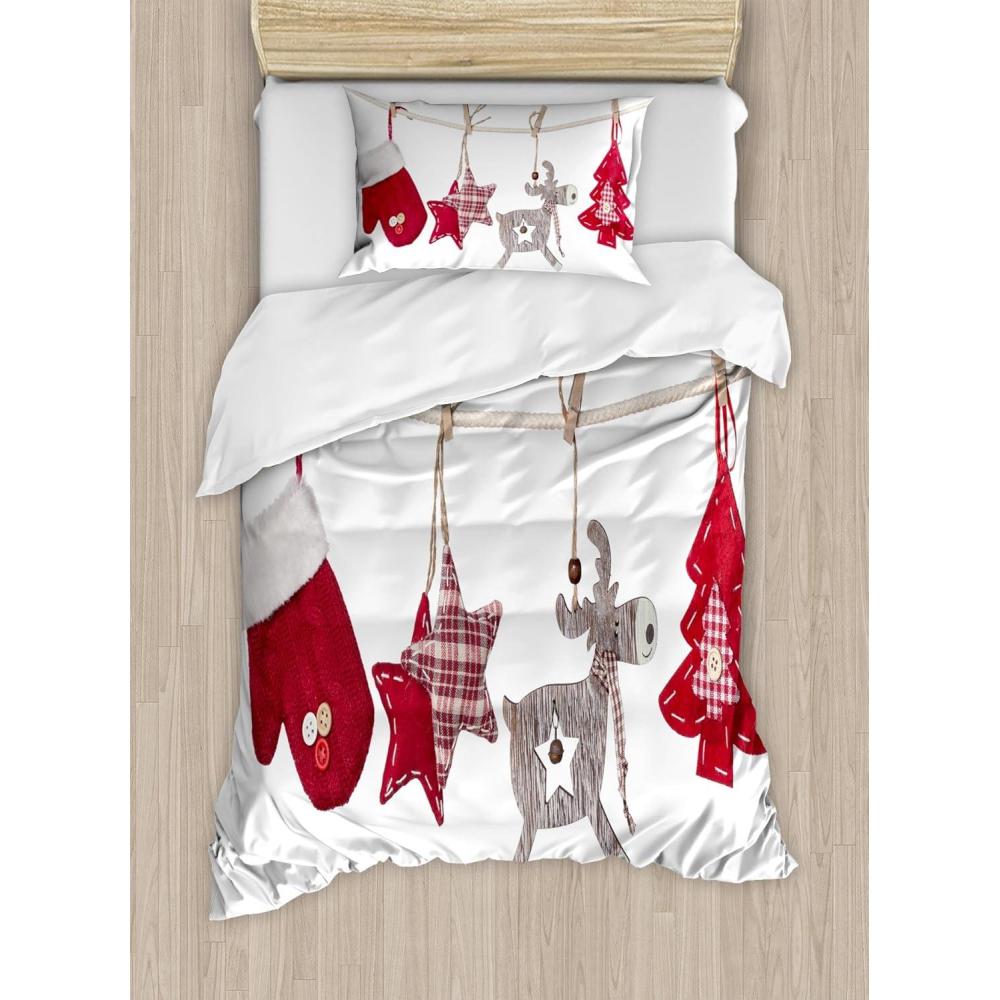 imageAmbesonne Christmas Duvet Cover Set Watercolor Christmas Theme Fir Trees Abstract Silhouettes Illustration Decorative 3 Piece Bedding Set with 2 Pillow Shams Queen Size Green SeafoamRed Cream Tan