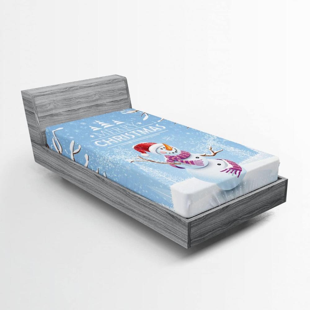 imageAmbesonne Christmas Fitted Sheet Snowman with Santa Hat in The Garden with a Gift Box and Candle Cartoon Image Soft Decorative Fabric Bedding AllRound Elastic Pocket Twin Size White BrownWhite Blue