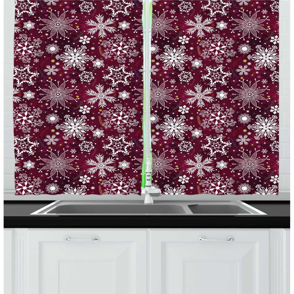 imageAmbesonne Christmas Kitchen Curtains Winter Night Country Landscape with Little House Among Pine Trees and Snow Window Drapes 2 Panel Set for Kitchen Cafe Decor 55quot x 39quot Navy Blue YellowMaroon White Multicolor