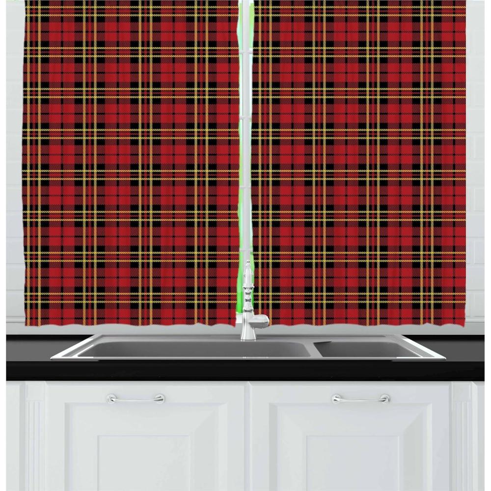 imageAmbesonne Christmas Kitchen Curtains Winter Night Country Landscape with Little House Among Pine Trees and Snow Window Drapes 2 Panel Set for Kitchen Cafe Decor 55quot x 39quot Navy Blue YellowRed Black Yellow