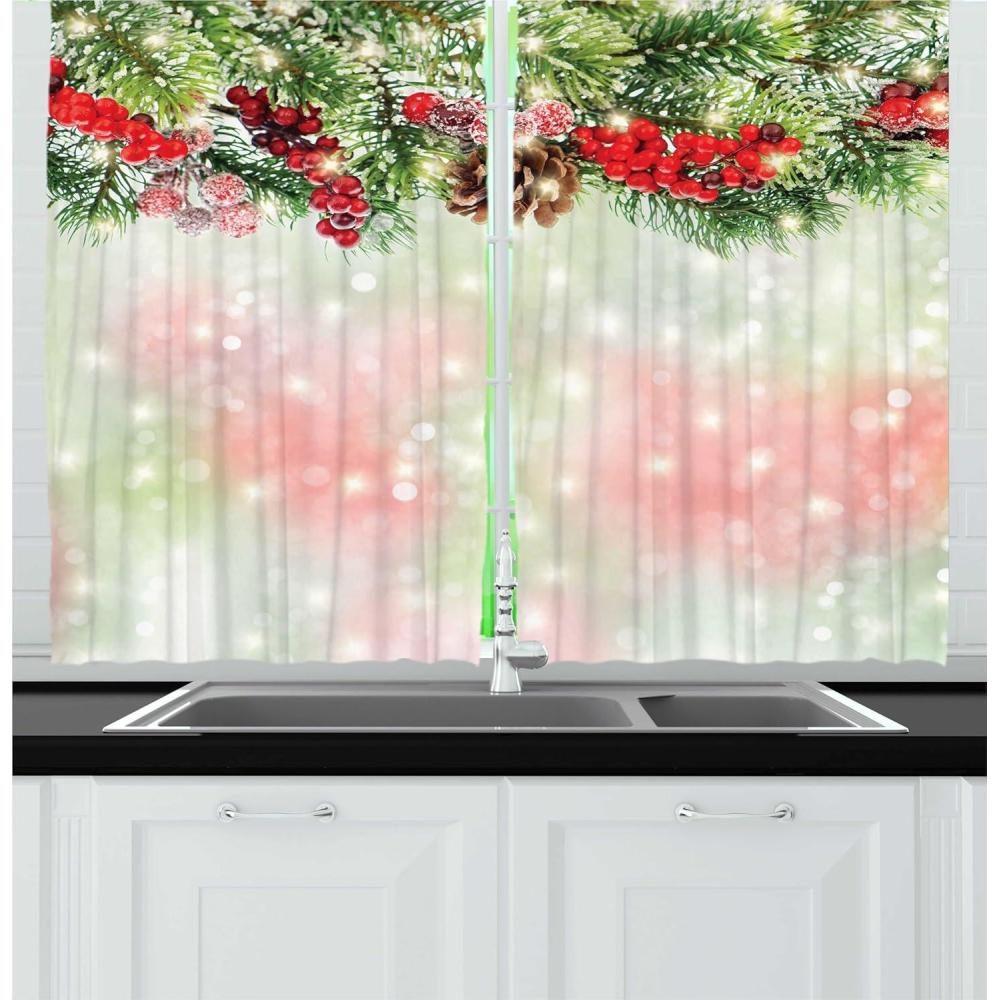 imageAmbesonne Christmas Long Kitchen Curtains Traditional Design Holly Berry Branches Snow and Bokeh Effect Print Two Panels Drapes with Rod Pocket Room Decor 55quot x 45quot White RedBrown Green