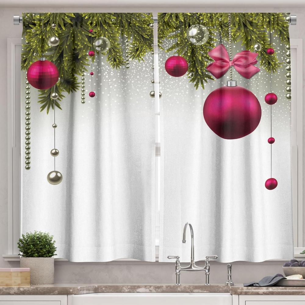 imageAmbesonne Christmas Long Kitchen Curtains Traditional Design Holly Berry Branches Snow and Bokeh Effect Print Two Panels Drapes with Rod Pocket Room Decor 55quot x 45quot White RedMagenta Green