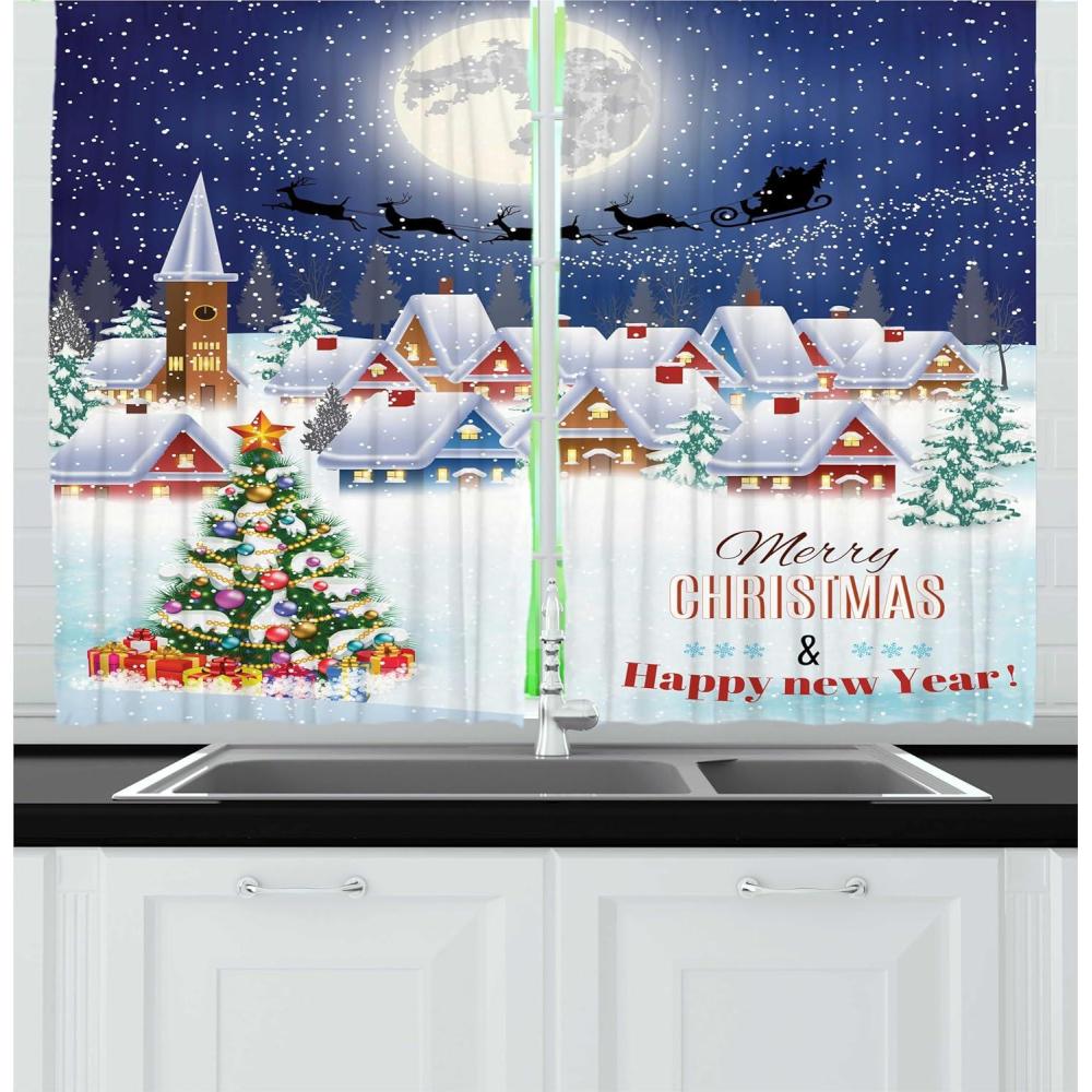 imageAmbesonne Christmas Long Kitchen Curtains Traditional Design Holly Berry Branches Snow and Bokeh Effect Print Two Panels Drapes with Rod Pocket Room Decor 55quot x 45quot White RedNavy White