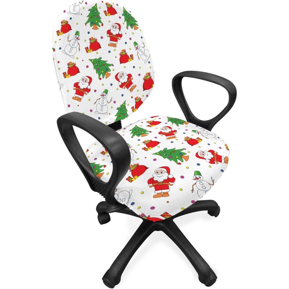 imageAmbesonne Christmas Office Chair Slipcover Xmas Santa Claus Tree on Colorful Polka Dot Backdrop Surprise Boxes Artwork Protective Stretch Decorative Fabric Cover Green and Red