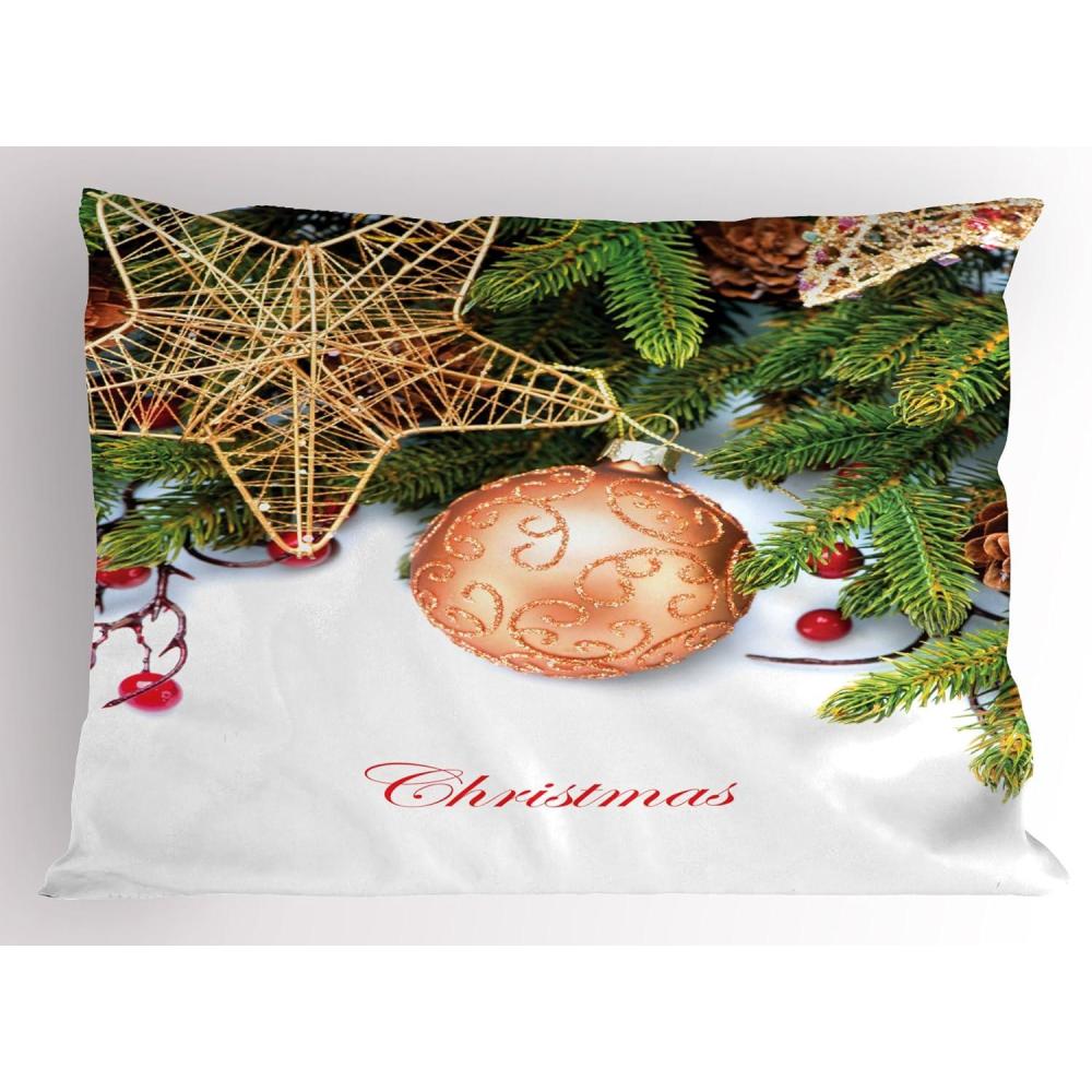 imageAmbesonne Christmas Pillow Sham Set of 2 Holiday Season Office Design Tree Celebration Snowflakes Celebration Quality Microfiber Bedding Item for All Seasons 30quot x 20quot White Green RedUmber Ruby Emerald
