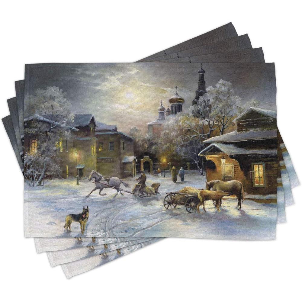 imageAmbesonne Christmas Place Mats Set of 8 Christmas at Countryside Theme Rustic Home Wooden Planks Borders Natural Design Washable Fabric Placemats for Dining Table Placemat 8 pcs Umber GreenGrey Yellow