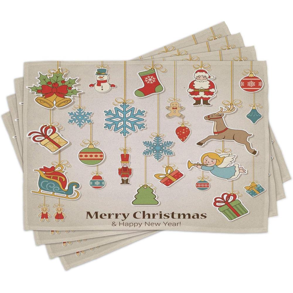 imageAmbesonne Christmas Place Mats Set of 8 Christmas at Countryside Theme Rustic Home Wooden Planks Borders Natural Design Washable Fabric Placemats for Dining Table Placemat 8 pcs Umber GreenPale Sepia