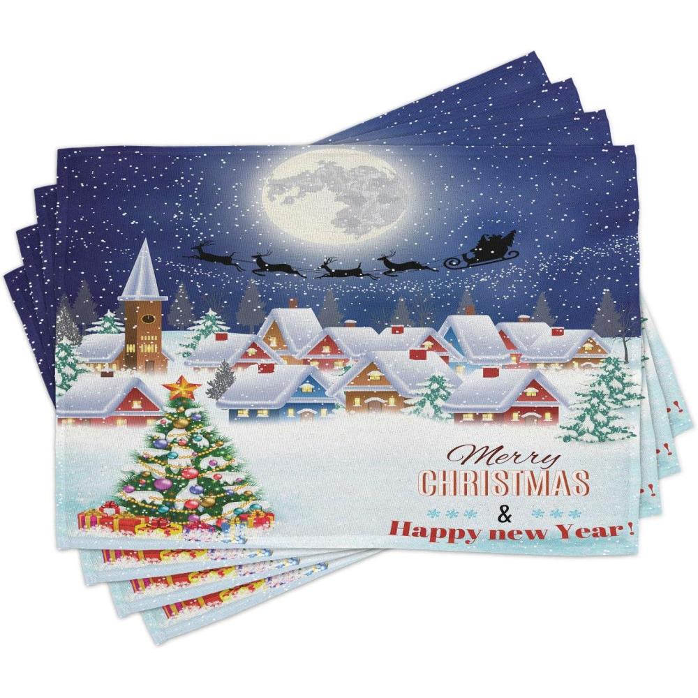 imageAmbesonne Christmas Place Mats Set of 8 Xmas Baubles on Snow Snowflakes Ice Holiday Humanitarian Art Illustration Washable Fabric Placemats for Dining Table Placemat 8 pcs Red WhiteNavy White