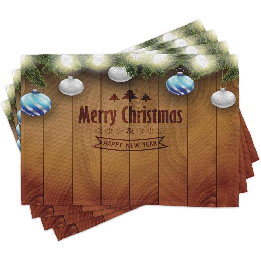 imageAmbesonne Christmas Place Mats Set of 8 Xmas Baubles on Snow Snowflakes Ice Holiday Humanitarian Art Illustration Washable Fabric Placemats for Dining Table Placemat 8 pcs Red WhiteBrown