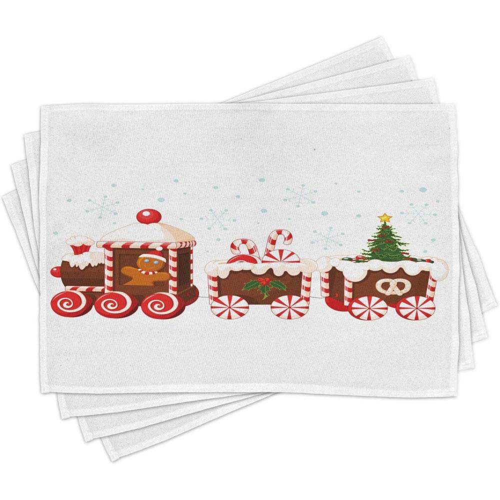 imageAmbesonne Christmas Place Mats Set of 8 Xmas Baubles on Snow Snowflakes Ice Holiday Humanitarian Art Illustration Washable Fabric Placemats for Dining Table Placemat 8 pcs Red WhiteWhite Brown