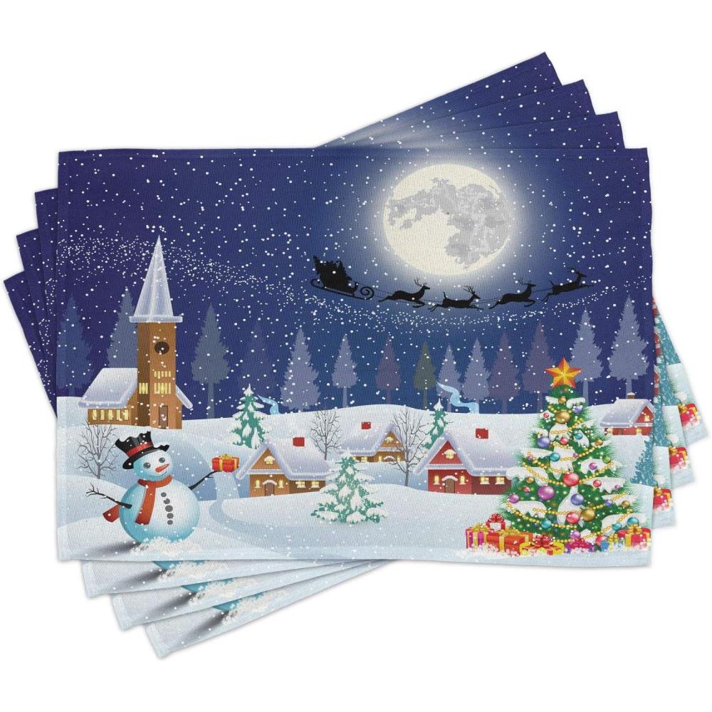 imageAmbesonne Christmas Place Mats Set of 8 Xmas Baubles on Snow Snowflakes Ice Holiday Humanitarian Art Illustration Washable Fabric Placemats for Dining Table Placemat 8 pcs Red WhiteWhite Blue