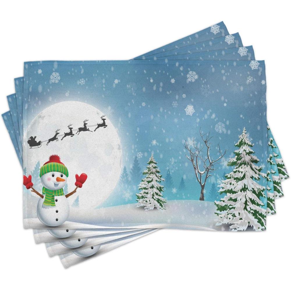 imageAmbesonne Christmas Place Mats Set of 8 Xmas Baubles on Snow Snowflakes Ice Holiday Humanitarian Art Illustration Washable Fabric Placemats for Dining Table Placemat 8 pcs Red WhiteWhite Soft Blue
