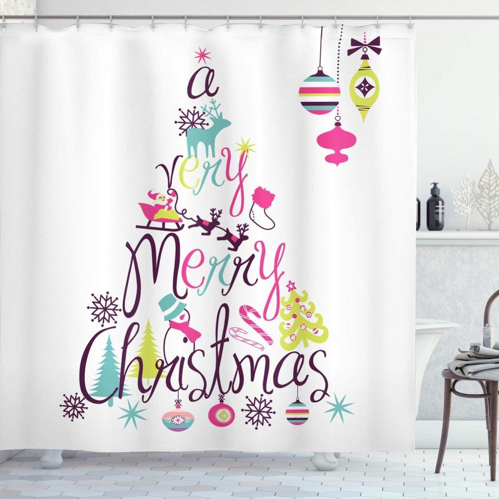 imageAmbesonne Christmas Shower Curtain Balls Vintage Style Celebration Design Winter Season Wonderland Themed Snowflakes Cloth Fabric Bathroom Decor Set with Hooks 69quot W x 70quot L Blue TanDark Purple