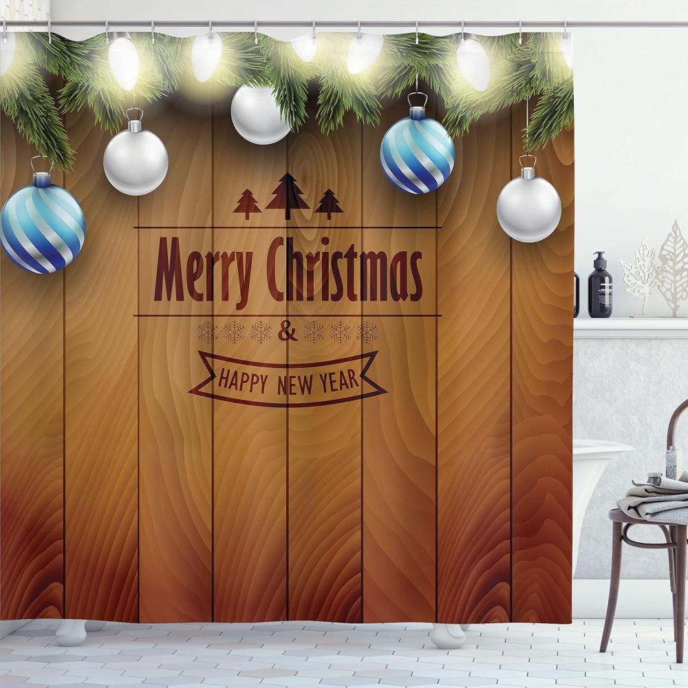 imageAmbesonne Christmas Shower Curtain Holiday Season Office Design Tree Celebration Snowflakes Celebration Cloth Fabric Bathroom Decor Set with Hooks 69quot W x 75quot L White Green RedCamel Brown