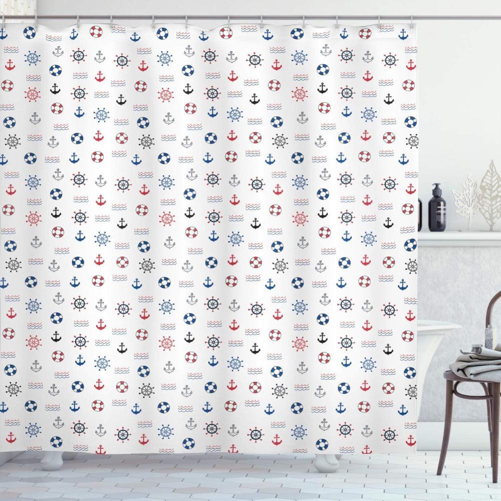imageAmbesonne Christmas Shower Curtain Holiday Season Office Design Tree Celebration Snowflakes Celebration Cloth Fabric Bathroom Decor Set with Hooks 69quot W x 75quot L White Green RedBlue and Red