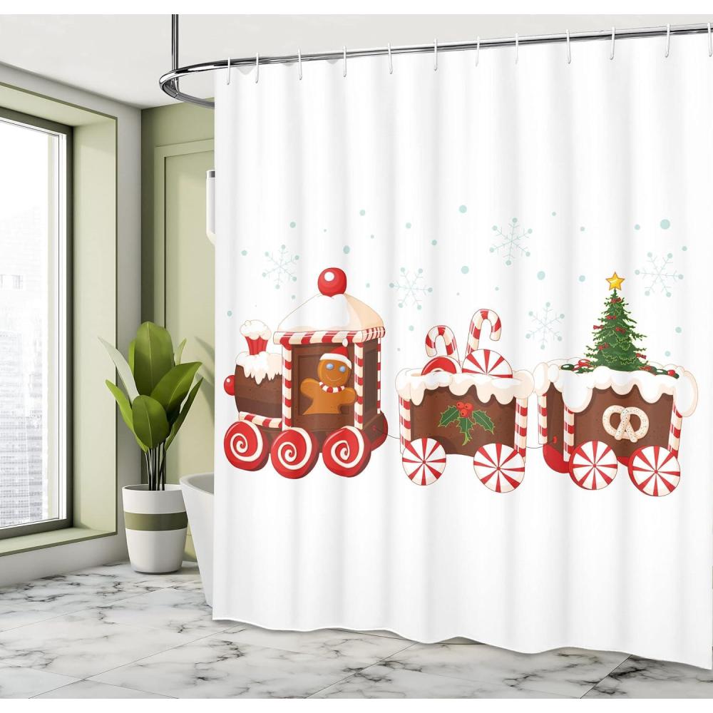 imageAmbesonne Christmas Shower Curtain Nautical Elements Sea Life Theme with Noel Tree Winter Season Cloth Fabric Bathroom Decor Set with Hooks 69quot W x 70quot L Beige CreamRed Brown