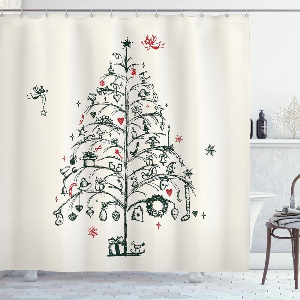 imageAmbesonne Christmas Shower Curtain Nautical Elements Sea Life Theme with Noel Tree Winter Season Cloth Fabric Bathroom Decor Set with Hooks 69quot W x 70quot L Beige CreamRed and Green
