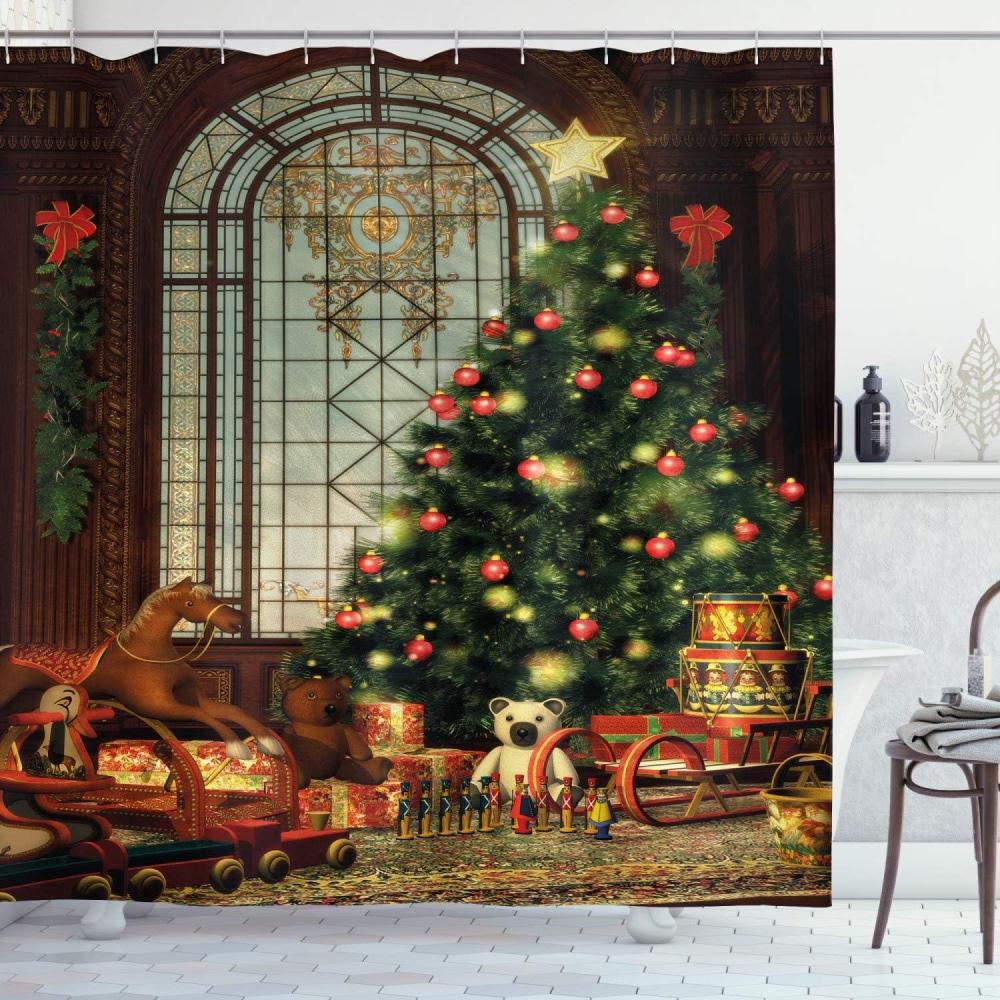 imageAmbesonne Christmas Shower Curtain Nautical Elements Sea Life Theme with Noel Tree Winter Season Cloth Fabric Bathroom Decor Set with Hooks 69quot W x 70quot L Beige CreamBrown Red Green
