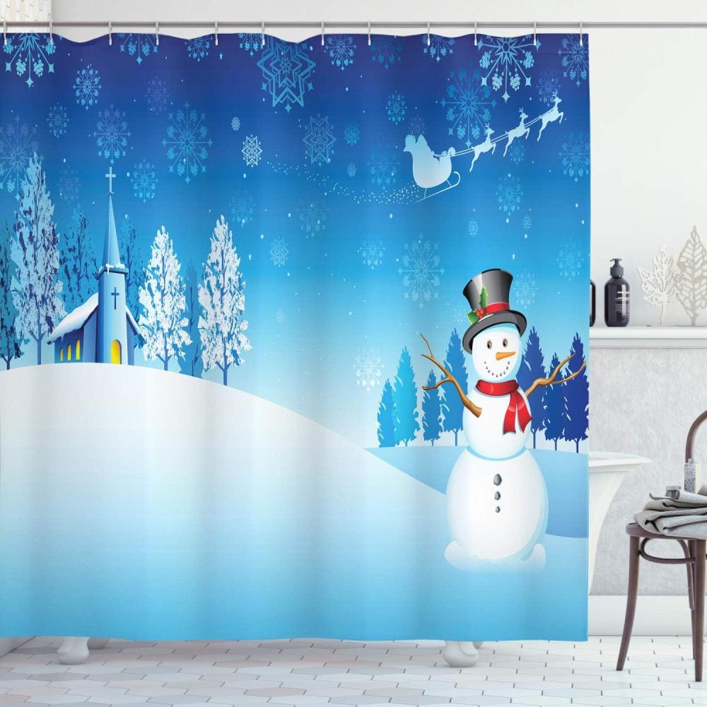 imageAmbesonne Christmas Shower Curtain Nautical Elements Sea Life Theme with Noel Tree Winter Season Cloth Fabric Bathroom Decor Set with Hooks 69quot W x 70quot L Beige CreamBlue White