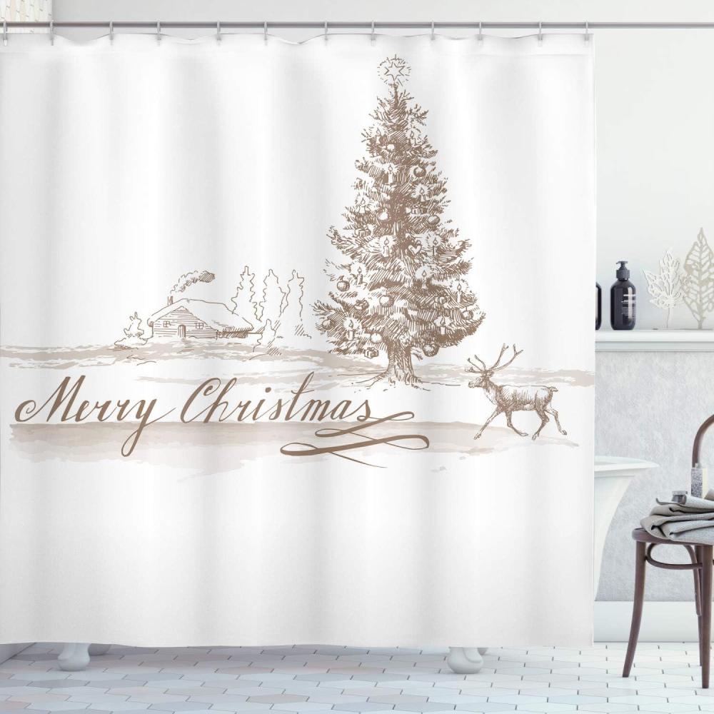 imageAmbesonne Christmas Shower Curtain Nautical Elements Sea Life Theme with Noel Tree Winter Season Cloth Fabric Bathroom Decor Set with Hooks 69quot W x 70quot L Beige CreamBrown