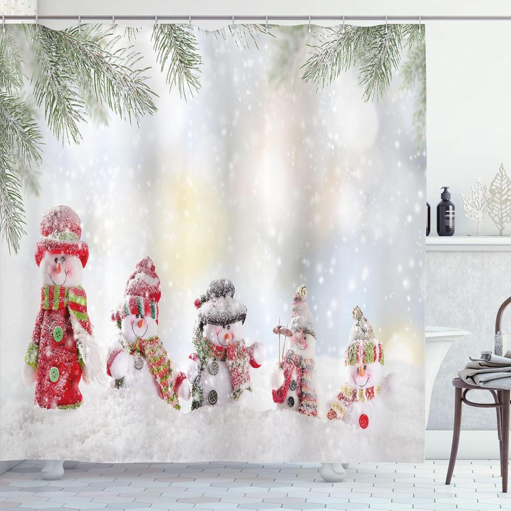 imageAmbesonne Christmas Shower Curtain Nautical Elements Sea Life Theme with Noel Tree Winter Season Cloth Fabric Bathroom Decor Set with Hooks 69quot W x 70quot L Beige CreamRed and White