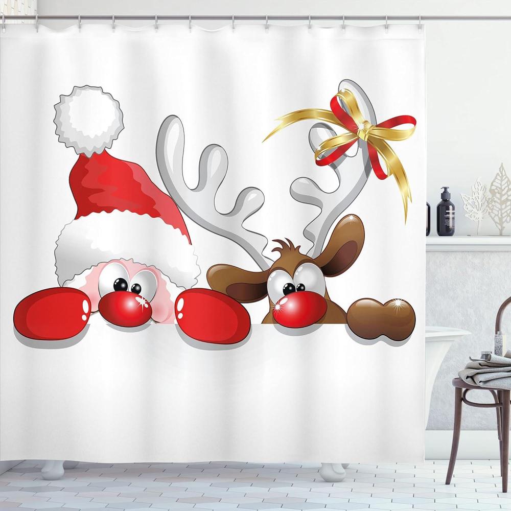imageAmbesonne Christmas Shower Curtain Nautical Elements Sea Life Theme with Noel Tree Winter Season Cloth Fabric Bathroom Decor Set with Hooks 69quot W x 70quot L Beige CreamVermilion Caramel White