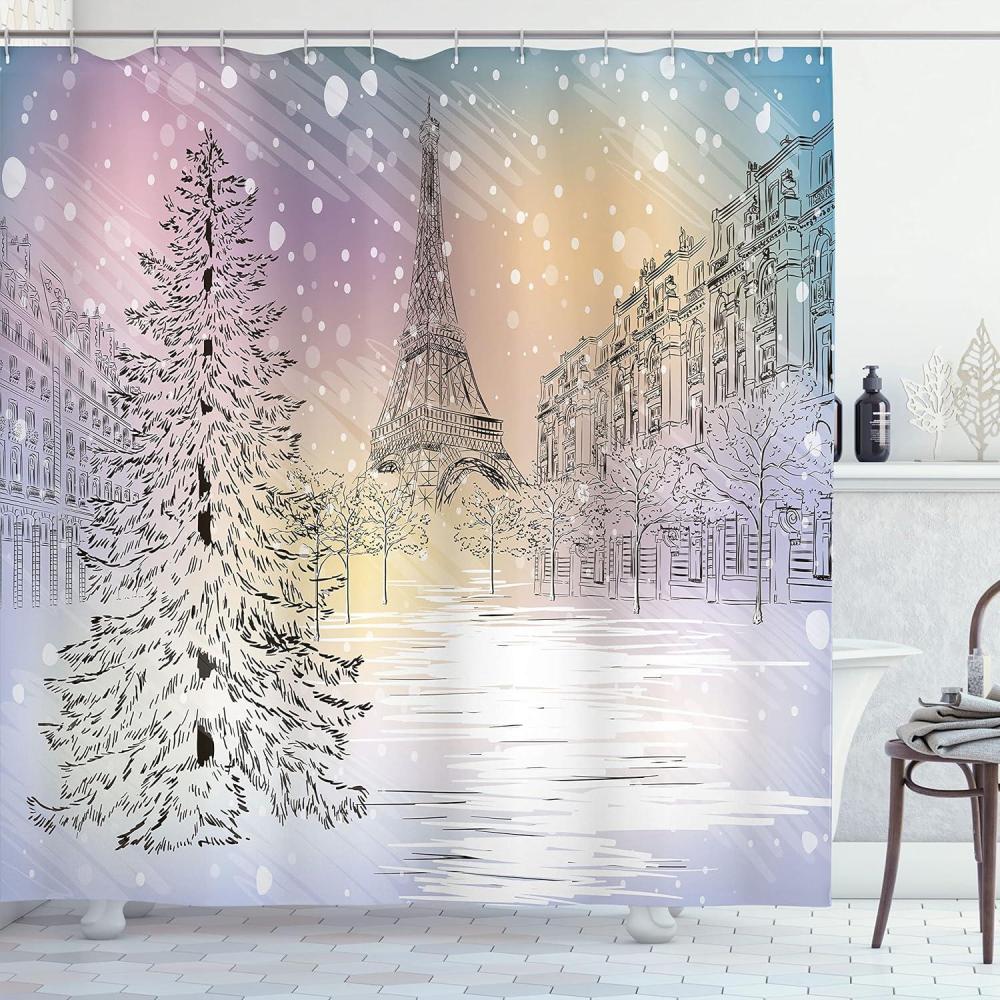 imageAmbesonne Christmas Shower Curtain Nautical Elements Sea Life Theme with Noel Tree Winter Season Cloth Fabric Bathroom Decor Set with Hooks 69quot W x 70quot L Beige CreamPink White
