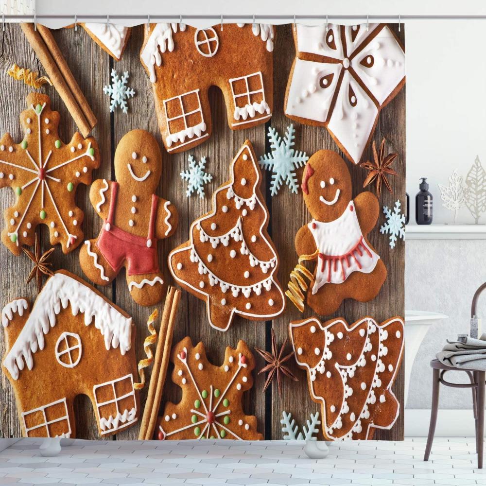 imageAmbesonne Christmas Shower Curtain Nautical Elements Sea Life Theme with Noel Tree Winter Season Cloth Fabric Bathroom Decor Set with Hooks 69quot W x 70quot L Beige CreamUmber Pale Brown White