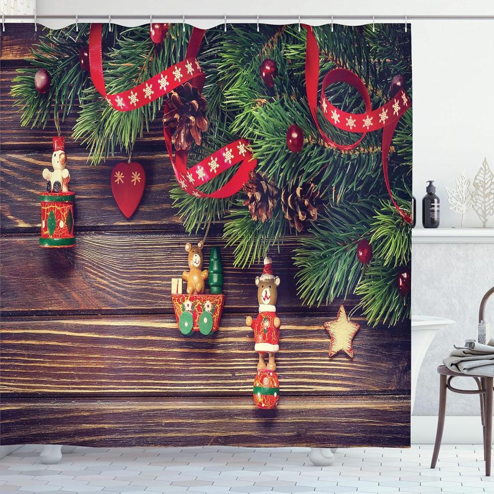 imageAmbesonne Christmas Shower Curtain Nautical Elements Sea Life Theme with Noel Tree Winter Season Cloth Fabric Bathroom Decor Set with Hooks 69quot W x 70quot L Beige CreamGreen and Brown