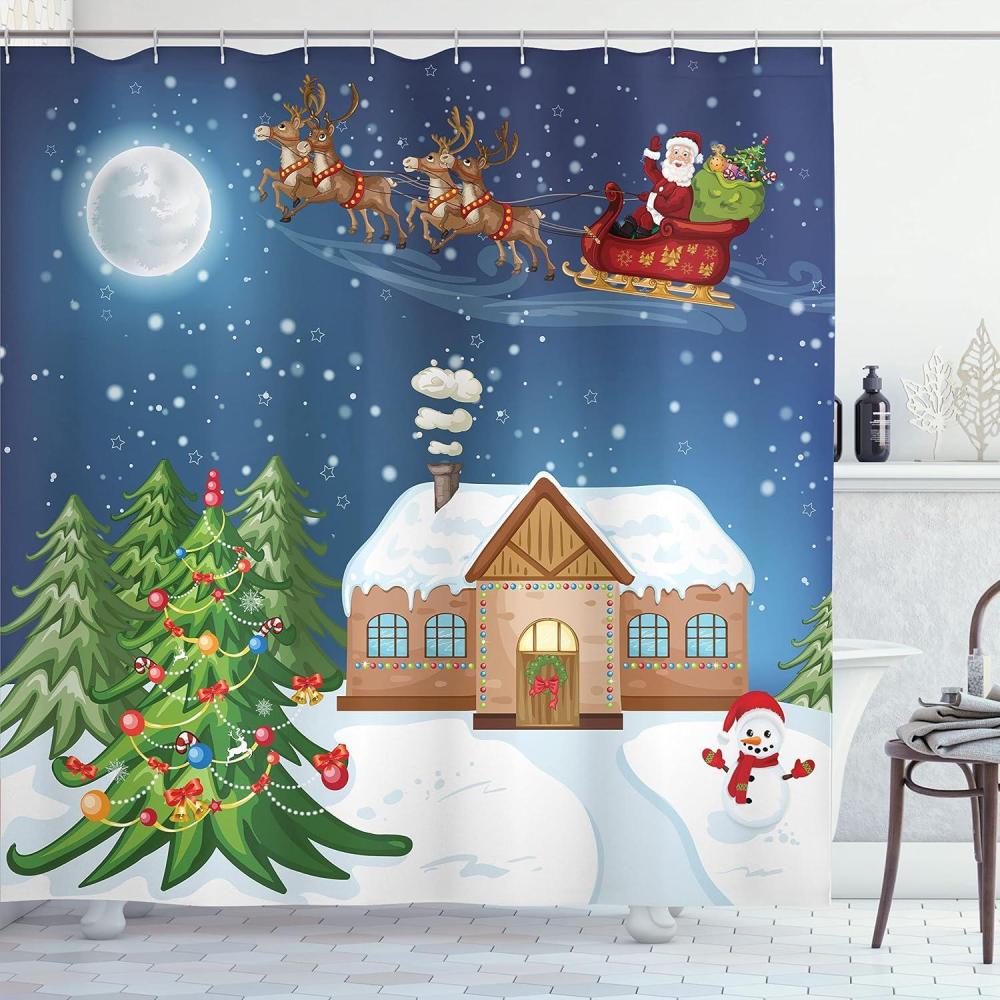 imageAmbesonne Christmas Shower Curtain Nautical Elements Sea Life Theme with Noel Tree Winter Season Cloth Fabric Bathroom Decor Set with Hooks 69quot W x 70quot L Beige CreamSlate Blue