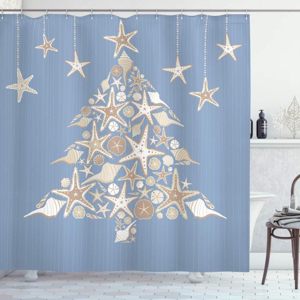 imageAmbesonne Christmas Shower Curtain Nautical Elements Sea Life Theme with Noel Tree Winter Season Cloth Fabric Bathroom Decor Set with Hooks 69quot W x 70quot L Beige CreamBeige Cream