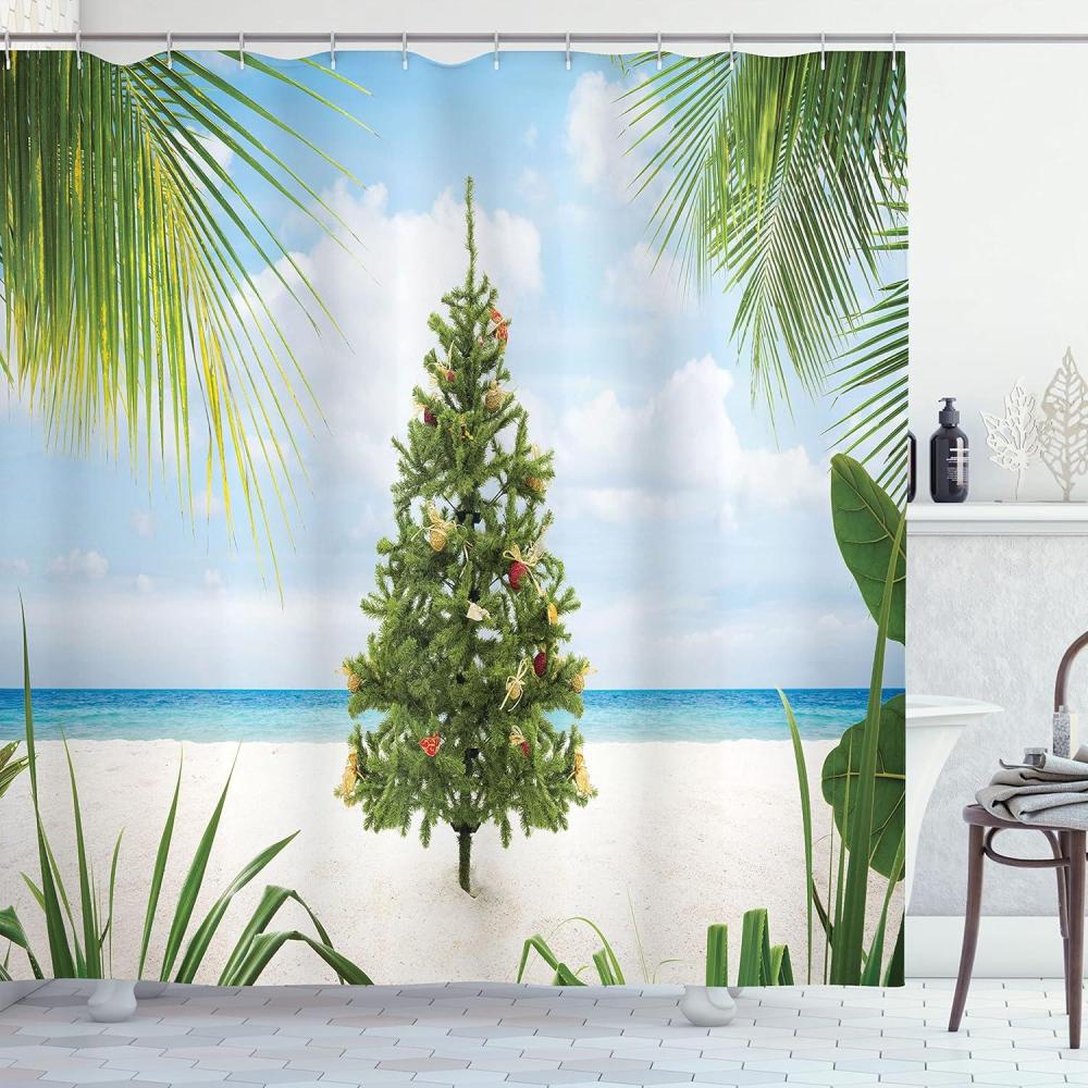 imageAmbesonne Christmas Shower Curtain Nautical Elements Sea Life Theme with Noel Tree Winter Season Cloth Fabric Bathroom Decor Set with Hooks 69quot W x 70quot L Beige CreamGreen Blue Cream