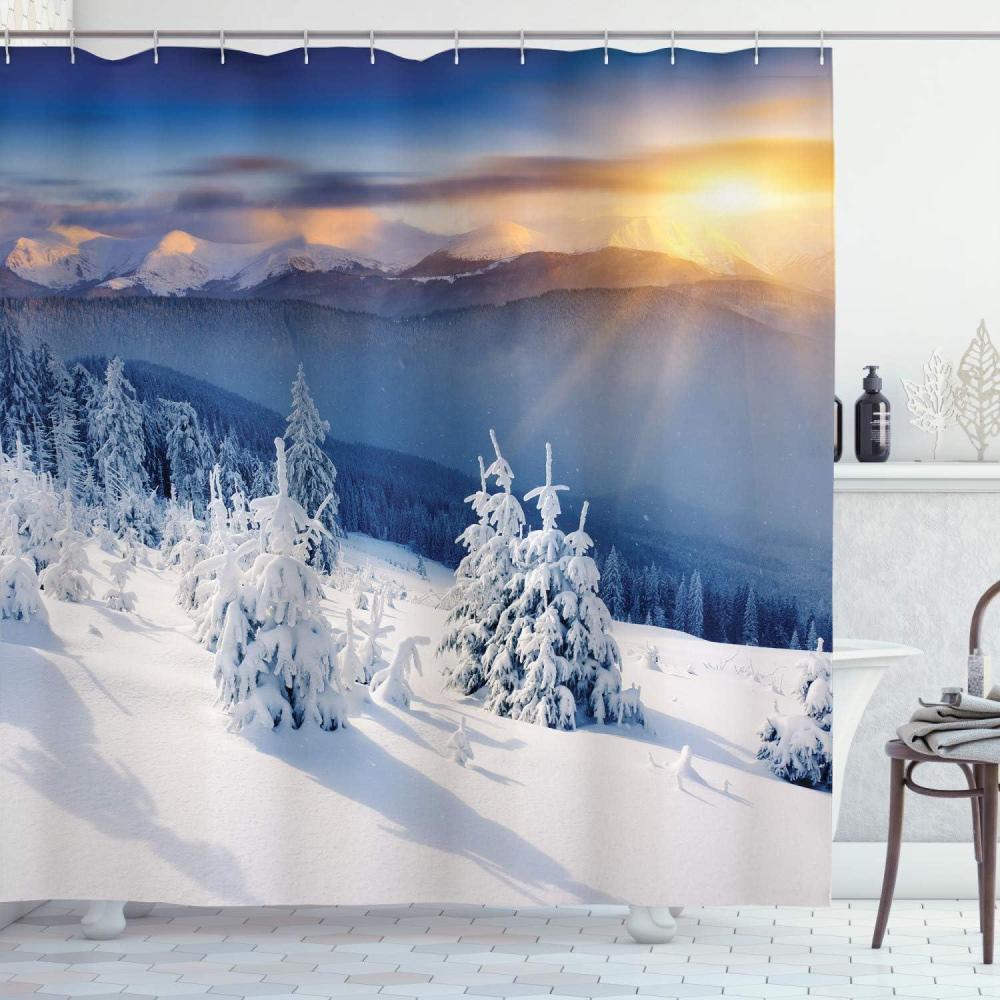 imageAmbesonne Christmas Shower Curtain Nautical Elements Sea Life Theme with Noel Tree Winter Season Cloth Fabric Bathroom Decor Set with Hooks 69quot W x 70quot L Beige CreamPale Blue