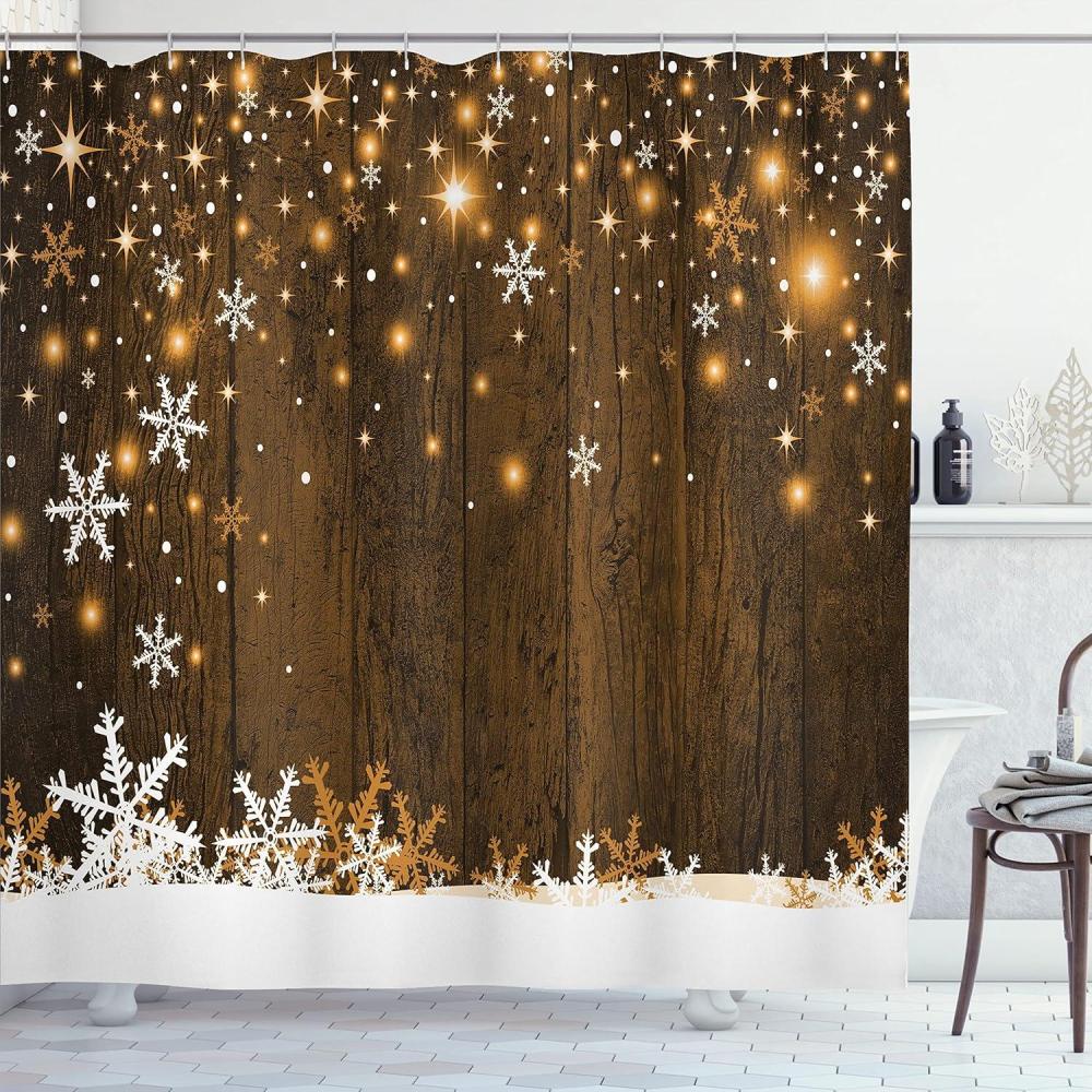 imageAmbesonne Christmas Shower Curtain Rustic Wooden Backdrop with Snowflakes and Warm Traditional Celebration Print Cloth Fabric Bathroom Decor Set with Hooks 69quot W x 70quot L Brown WhiteBrown White