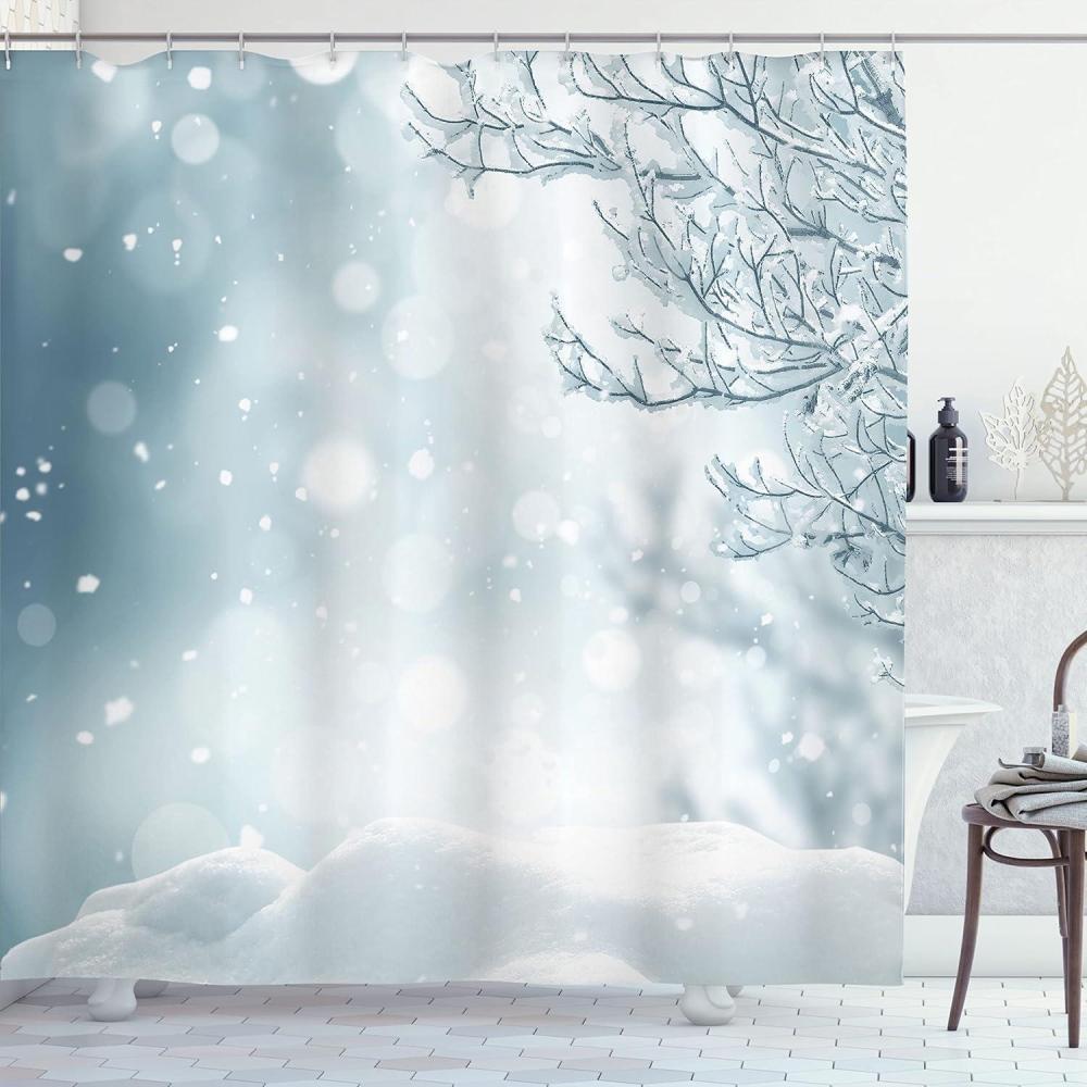 imageAmbesonne Christmas Shower Curtain Rustic Wooden Backdrop with Snowflakes and Warm Traditional Celebration Print Cloth Fabric Bathroom Decor Set with Hooks 69quot W x 70quot L Brown WhiteSlate Blue White